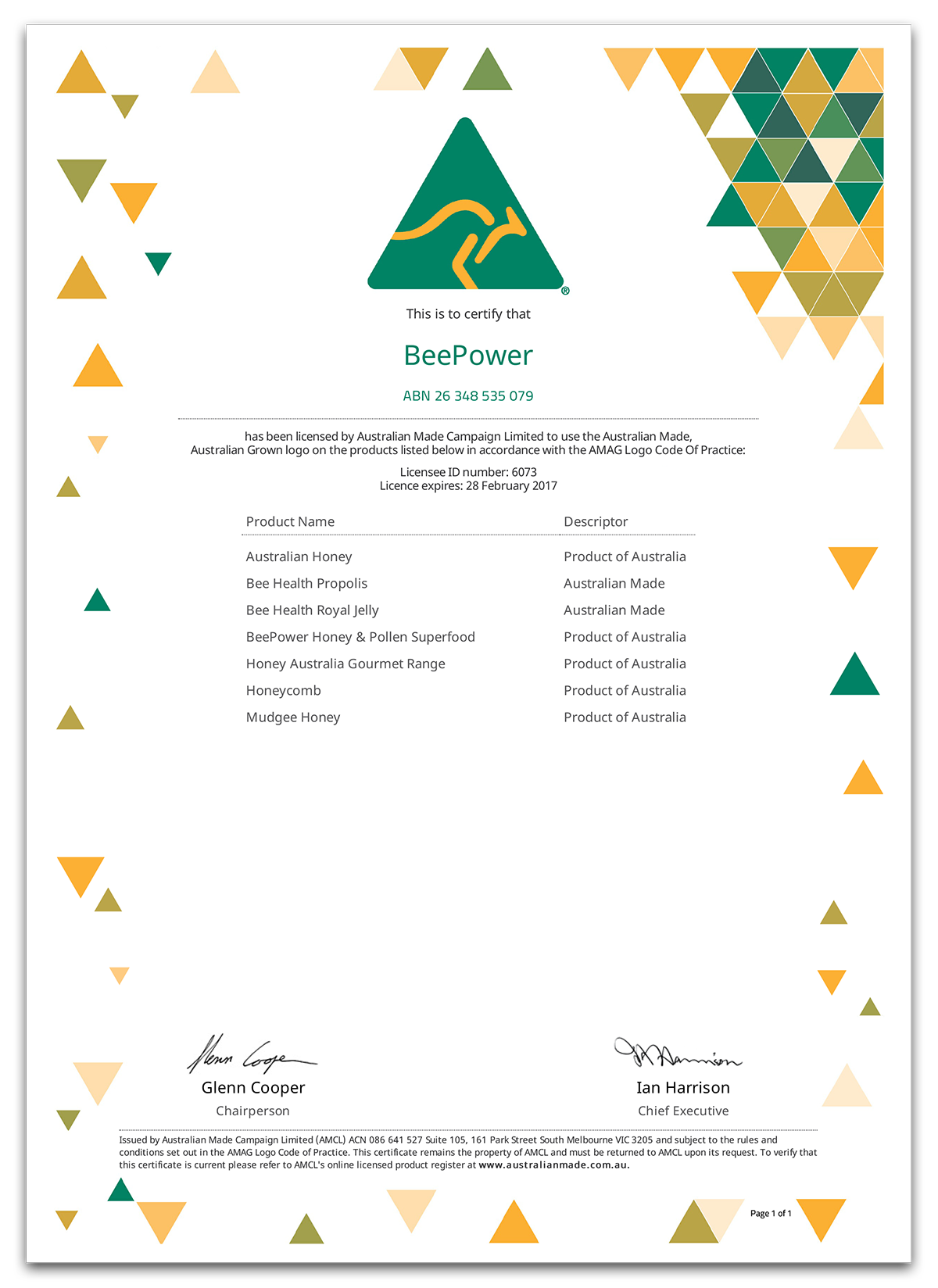 Beepower Honey is a certified Product of Australia 